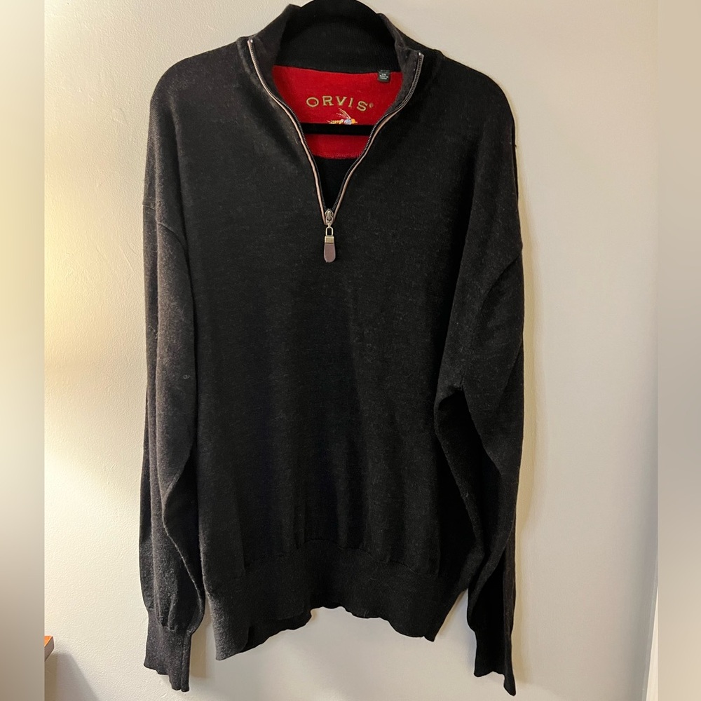 ORVIS Men’s Wool 3/4 zip charcoal sweater XXL Woodford Reserve